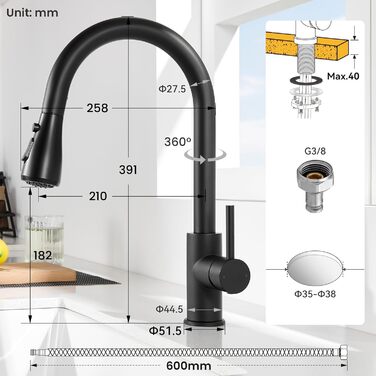 Кран кухонний CECIPA з 3 режимами, висувний, поворотний 360°, з високим виливом, з нержавіючої сталі, чорний