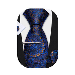 Краватка з шовковим візерунком пейслі, комплект з кишеньковим хустинкою та застібкою для краватки Barry.Wang, 3 шт., блакитно-золотий колір, для урочистих заходів та весілля