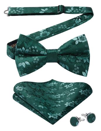 HISDERN Комплект краватка-метелик, кишеньковий хустинка та запонки з візерунком павлічків, з гачком, регульована, вже зав'язана, для вечірки, весілля, Різдва, Хелловіну, A1-Зелений
