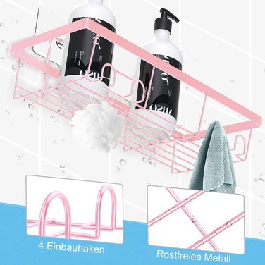 WwuHua Shower Shelf No Drilling, 2 Pack Shower Shelf, Shower Shelf for Hanging with 4 Hooks, Shampoo Holder for Shower, Bathroom Organizer for Shampoo and Shower Gel, Pink