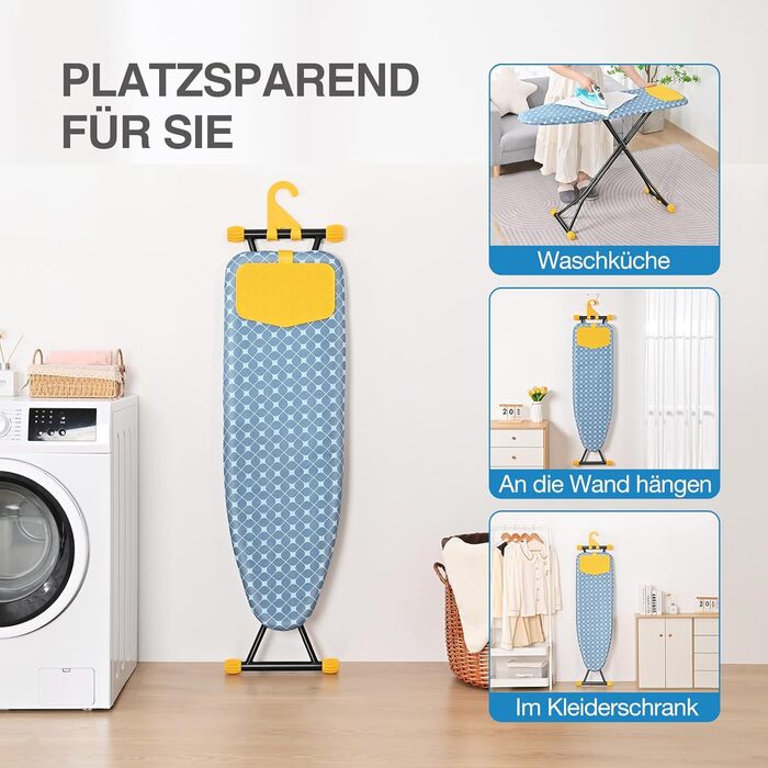 KINGRACK Прасувальна дошка з інтегрованою підкладкою з силікону, компактна та економна, з надзвичайно товстою поверхнею, 7 рівнів регулювання висоти, для підвішування на стіну та у шафу – 38x121 см, жовта