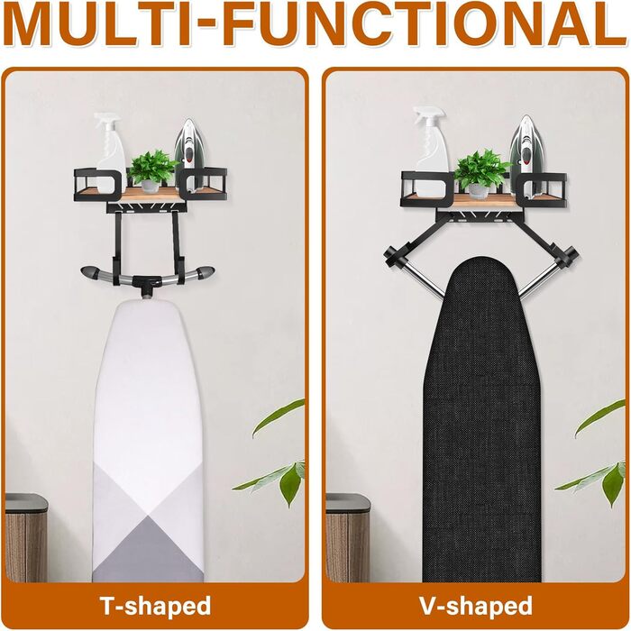 Настінна вішалка для праски та гладильної дошки з металевою конструкцією та кошиком для зберігання (чорна)