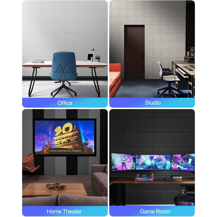 Акустичні панелі для шумоізоляції стін самоклеючі, квадратні звукопоглинаючі плити високої щільності, 30x30x0.9 см, чорні, 12 шт.