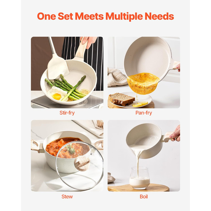 Набір посуду VEVOR індукційний 19 предметів з кришками, антипригарне покриття, для кухні, кемпінгу, приготування соусів (білий)