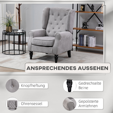 HOMCOM Armchair with High Backrest, Weight Capacity up to 160kg, Single Armchair for Living Room, Comfortable Wingback Chair, Grey