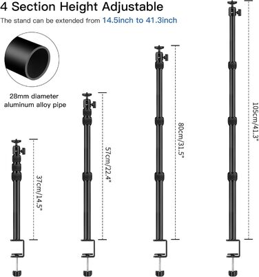 Кріплення для камери Victiv, 37-105 см, настільний штатив для DSLR Canon, світловий штатив, затискний штатив з гнучким підлокотником та 1/4' кульовою головкою для камер, LED-світла, веб-камер, смартфонів (Чорний)
