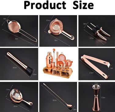 Набір для коктейлів Hansum, 18 предметів, нержавіюча сталь, рожеве золото, з дерев'яною підставкою для бармена