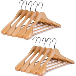 MECOREX Suit Hangers, 10-Piece Set, Solid Wood Clothes Hangers with Extra Wide Shoulders, Non-Slip, for Shirts, Coats, Jackets, Pants, Suits, 360° Swivel Hook (Natural Wood Color)