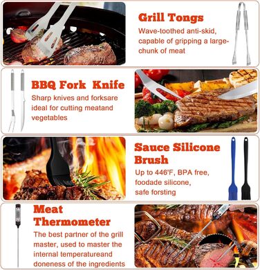Набір аксесуарів для гриля NXPZ з нержавіючої сталі, 27 предметів. Професійний набір для гриля, з сумкою для зберігання. Для кемпінгу, пікніків, саду та походів.