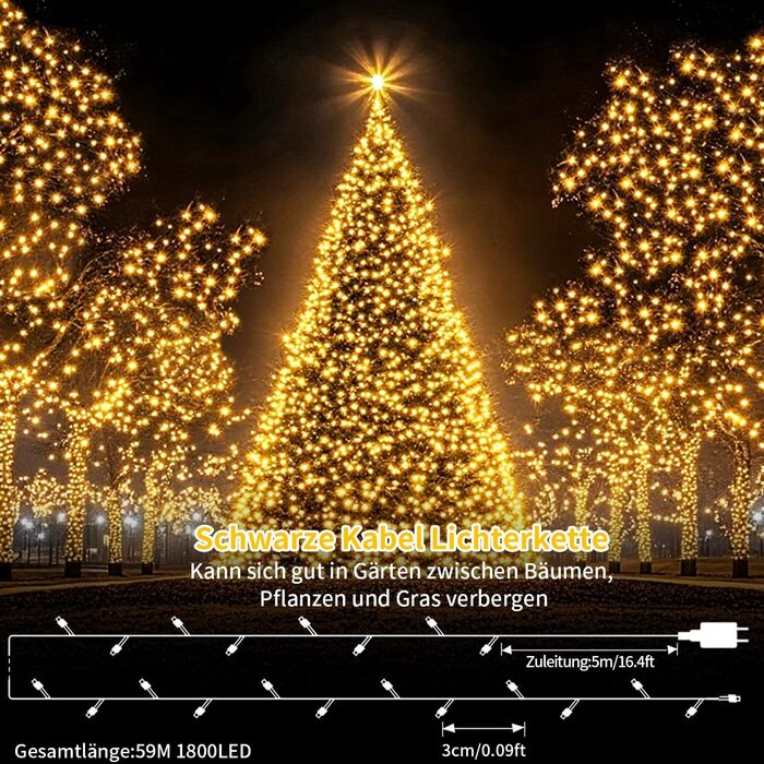 Ланцюжок прикрас для зовнішнього використання, 36 метрів, 1800 LED, тепле біле світло, 8 режимів, таймер, чорний кабель, IP44, для балкона, саду, вечірки, шлюбу