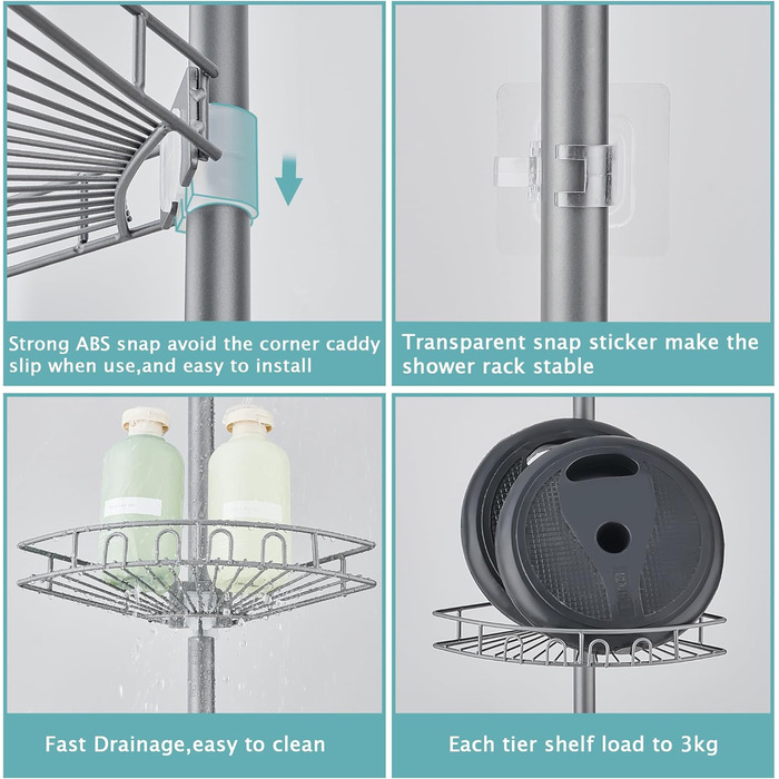 Hoomtaook Telescopic Shower Shelf, Shower Caddy Without Drilling Corner Stainless Steel Corner Shelf with 4 Shower Baskets, Telescopic Shelf Bathroom Height Adjustable 85-325cm for Bathroom and Kitchen, Grey
