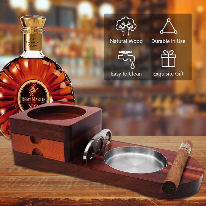 Wood Cigarette Ashtray Whiskey Coasters - Crefun CK2631 cigar accessories for men Whiskey cigar gift set, with removable ashtray drawer, cigar cutter and 2 cigar holders with drawer