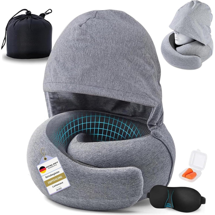 Подушка для шиї з великою капюшоном, Memory Foam, для подорожей, літаків та офісу