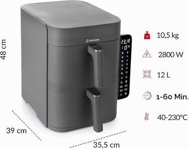 Аерофритюрниця з двома камерами LEHMANN XXL 12L, 2800 Вт, антипригарне покриття, 10 програм, без олії, сіра