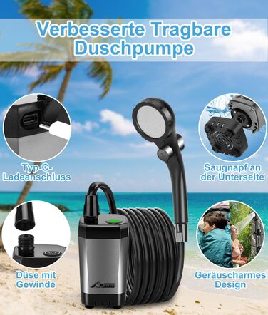 Портативна душова кабіна WADEO для кемпінгу з акумулятором та насосом, 6000-8000mAh, мобільний душ для відпочинку, подорожей, автомийки, сірого кольору, з індикатором температури та заряду акумулятора