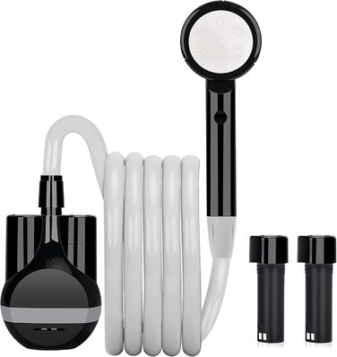 LIBERRWAY Camping Shower with Pump, Camping Shower Set with Rechargeable Battery, 2m Shower Hose Outdoor Shower for Garden Beach Camping Travel Car Washing, Mobile Shower Black (black-2 Batteries)