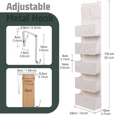 Організатор для дверей з 4 кишенями, Бохо декор, Настінна полиця-організатор з 2 гачками, Складаний настінний органайзер для спальні, дитячої кімнати, ванної (5 кишень-слонова кістка)