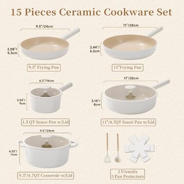 Набір посуду JEETEE 17 предметів з антипригарним покриттям Ceramic, знімні ручки. Комплект каструль та сковорідок 16/20/24/28 см, глибока сковорода 28 см. Підходить для всіх типів плит, можна використовувати в духовці.