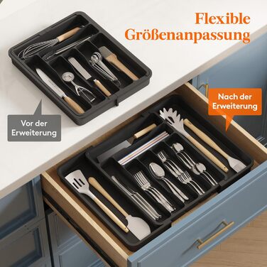 Органайзер для столових приборів Lifewit в шухляду, розсувний, пластиковий, 7-9 відділень, 38-50 см, чорний