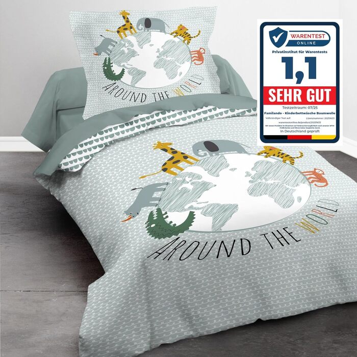 Комплект постільної білизни для ліжечка Kinderbettwäsche: 2-Piece Set з тваринами та глобусом - ковдра 135x200 + подушка 80x80 см, закривається на блискавку. Підходить для хлопчиків та дівчаток. 100% бавовна, ренфорсе, приємна до шкіри, сертифікат Oeko-Te