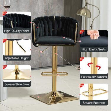 SUPPNEED Velvet Bar Stools 2-Pack - Adjustable Swivel Barstools with Backrest for Kitchen & Bar (Black)