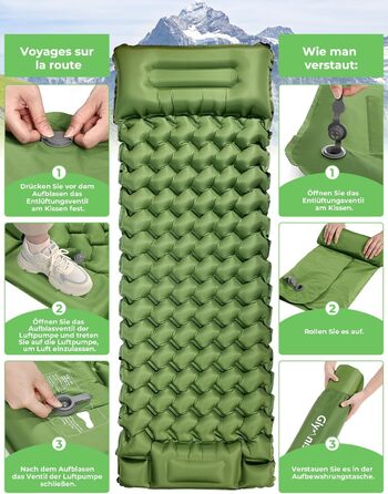 Glymnis Isomatte Camping Air Mattress - 9cm Thick with Foot Pump & Pillow - Ultralight Outdoor Sleeping Pad for Camping, Hiking & Travel - Army Green
