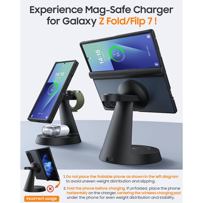 Бездротова зарядка Meifigno 3-в-1 для Samsung Galaxy: Mag-Safe, годинник, навушники (чорний)