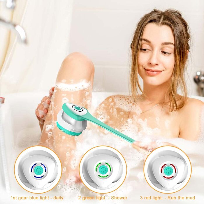 Electric Body Brush Bath Brush Back Brush With 5 Attachments: Long-Handled Back Brush IP67 Waterproof 3 Speed Spin Cleaning Brush for Spa Shower Exfoliating Massage Brush (Green)