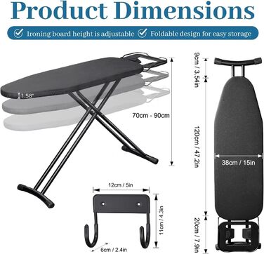 BBTEQEKN Height-Adjustable Deluxe Ironing Board, size 140 x 38 cm, foldable extra-wide ironing board with hook, ironing board made of thick steel suitable for most steam irons (Black)