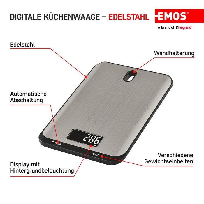 Кухонні ваги EMOS EV026 з нержавіючої сталі - 10 кг, точність 1 г, функція TARA, LCD-дисплей, g/kg/ml/oz/lb/tl, з батарейками