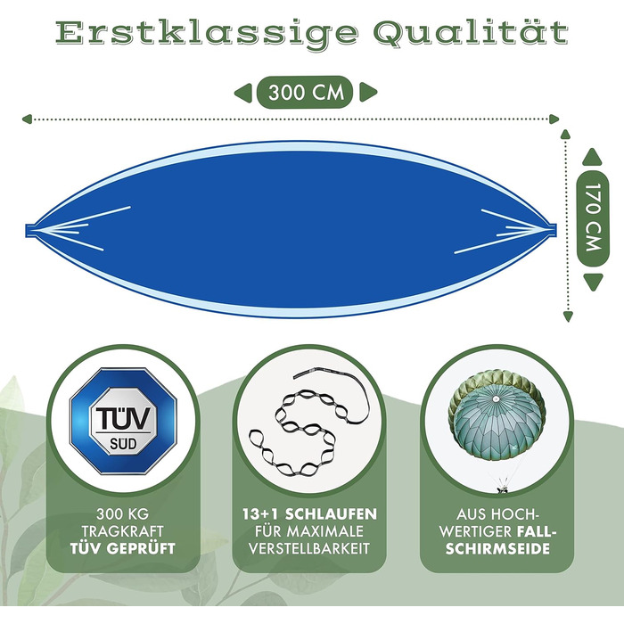 Гамак NaturBummler вуличний 300x170 см для 1-2 осіб (Meeresblau) з захистом дерева та кріпленням - легкий, водостійкий, подвійний шар для кемпінгу та саду