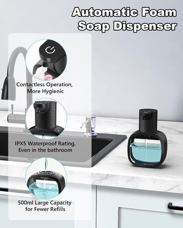 Автоматичний диспенсер для мила Dalugo з USB-C, 500 мл, настінний, електричний сенсор, регульований, для кухні та ванної кімнати, чорний, диспенсер для рідкого/пінистого мила