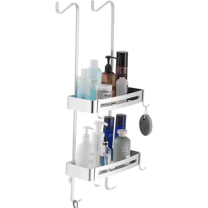 MOGFCT Shower Shelf for Hanging, Bathroom Shower Storage, Over-the-Door Hanging Shower Shelf, Stainless Aluminum Shower Shelf, Bathroom Shelf with Hooks (Double Silver)