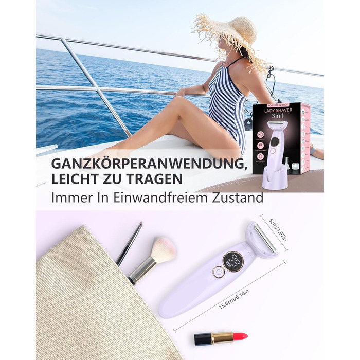 Електричний жіночий тример 3-в-1 для тіла, обличчя, Bikinizone, ніг, USB-зарядка, водонепроникний IPX7, білий (фіолетовий)