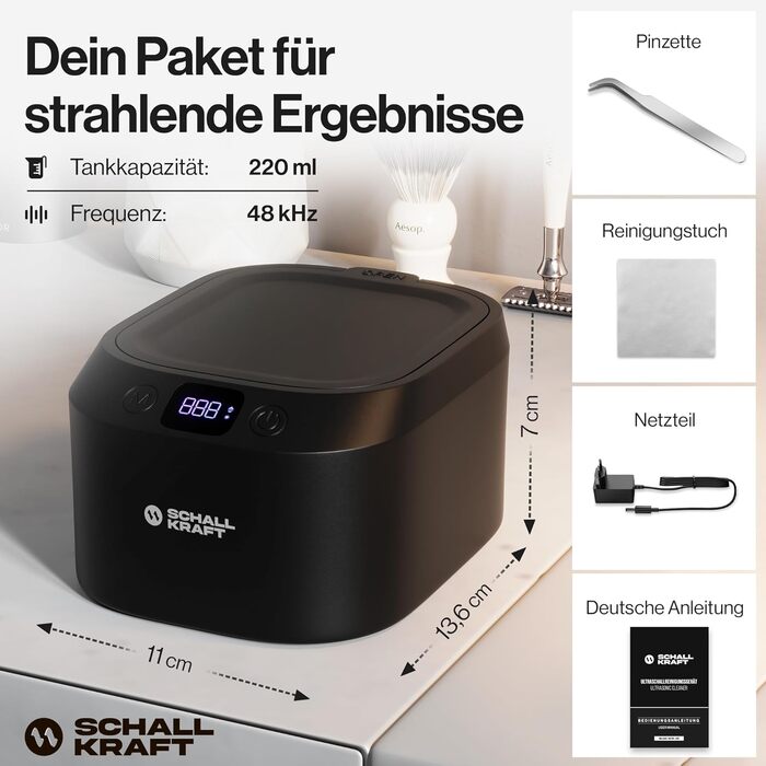 Ультразвукова ванна для чищення 48 кГц з УФ-дезінфекцією, чорна - для ювелірних виробів, зубних кап, брекетів та іншого