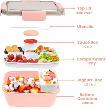 Ланчбокс Bugucat 2000 мл (2 шт.) - чорний та рожевий, з відділеннями, для дорослих та дітей, з виделкою