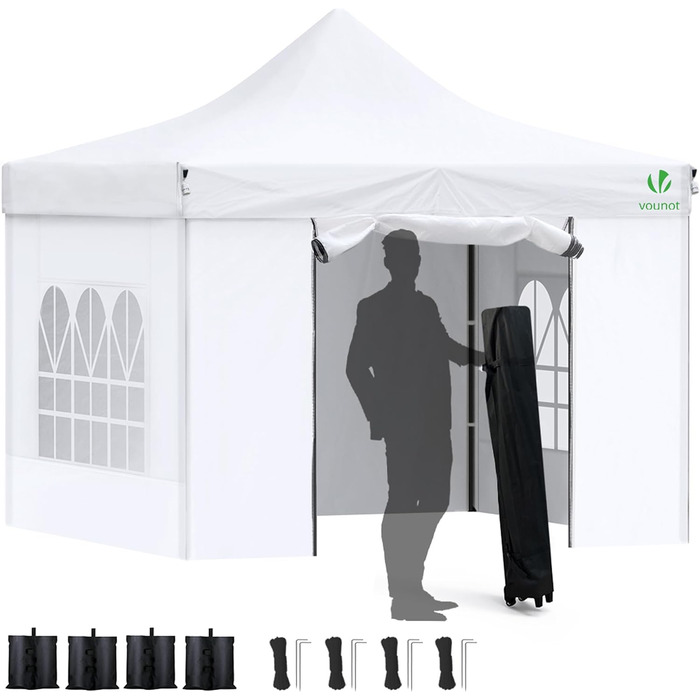 VOUNOT Gazebo 3x3m Waterproof, Stable, Winter-Proof, Pop-Up Folding Gazebo with 4 Side Walls and 4 Sandbags, Party Gazebo, Folding Garden Tent, Party Tent, White