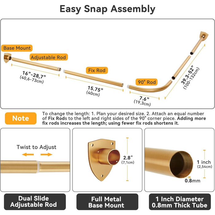 Штанга для душу L-подібної форми, регульована, з кріпленням для гардини та опорою для верхньої частини, для ванни/ванної кімнати, монтаж на свердління (Золото, 100-175см x 140-214см)