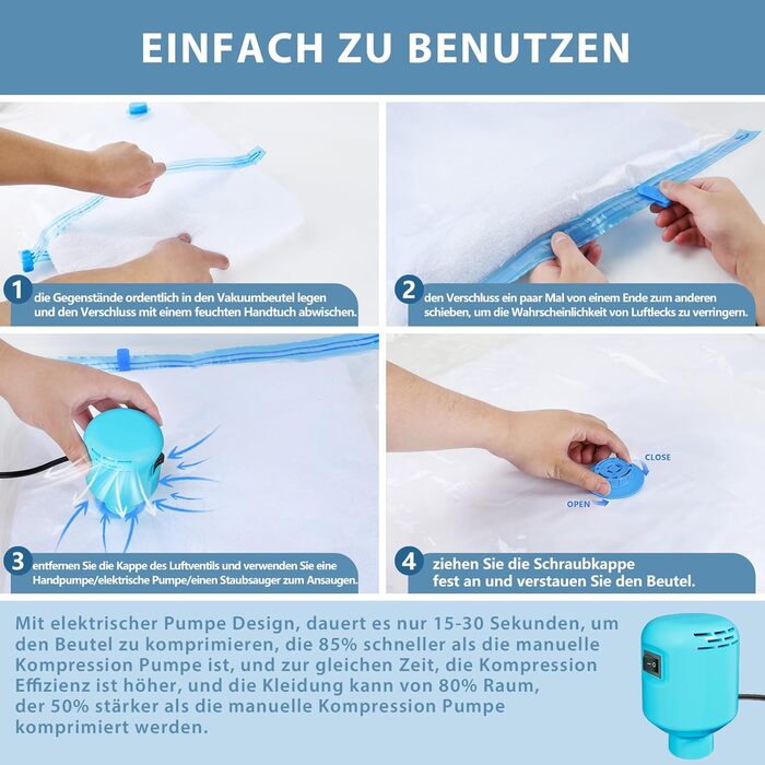 Kissleaf Vacuum Bags for Clothes and Bedding with Electric Pump, 15 Pieces, Travel, Quick Air Extraction, Space-Saving, Dust and Waterproof, Plus Size for More Compression