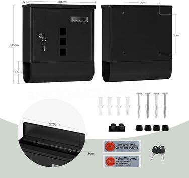 Поштовий ящик WOLTU з газетницею, оглядовим вікном та табличкою для імені, настінний, замиканий (2 ключі), сучасний дизайн, чорний (30,5x33,5x9 см)
