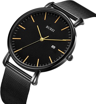 Годинник чоловічий BUREI, аналоговий кварцовий годинник з сітчатим ремінцем, мінімалістичний дизайн, чорний колір (Or Noir), подарунок для чоловіків