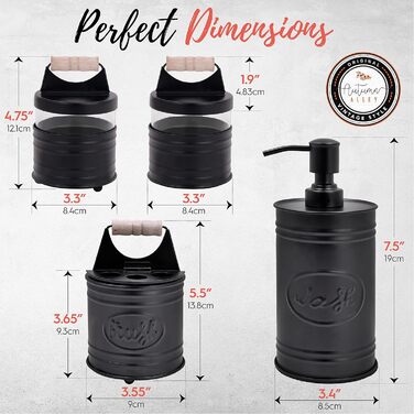 Autumn Alley Rustic Bathroom Accessories Set of 4 – Black Soap Dispenser, Rustic Toothbrush Holder, 2 Apothecary Jars Qtip Holders – Rustic Bathroom Decor – Farmhouse Bathroom Accessories