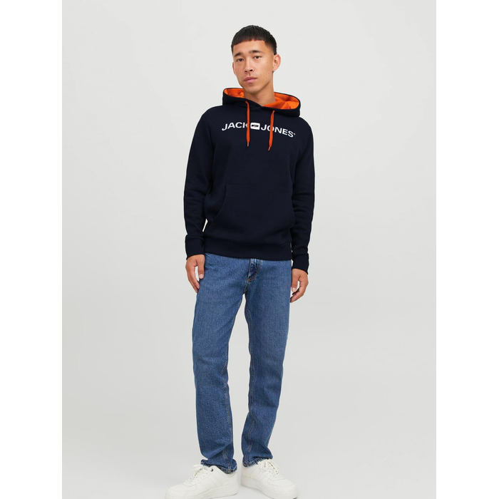 Чоловічий худі JACK & JONES з капюшоном та кишенею, Regular Fit, колір Shocking Orange/Navy Blazer, розмір XS