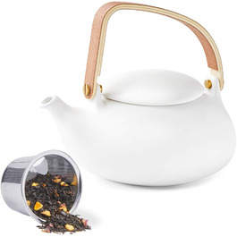 ZENS Modern Japanese Teapot, 800ml Matte White Ceramic Teapot with Infuser, Wooden Handle Small Japanese Teapot for Loose Leaf Tea, White Tea, Green Tea Steeper, Gift for Tea Lovers