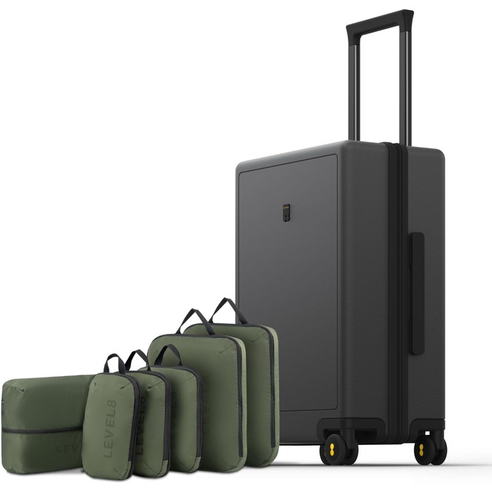 Чемодан-валіза LEVEL8, валіза на колесах, валіза для подорожей, жорсткий корпус, 4 колеса, ручна поклажа, TSA, 100% полікарбонат, мікро-діамантова текстура, великий (66см, 65л, чорний), темно-сірий, S (54x23.5x37см, 40л) з 6 шт.