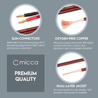 Акустичний кабель Micca з чистої міді з позолоченими банановими роз'ємами, 4 метри