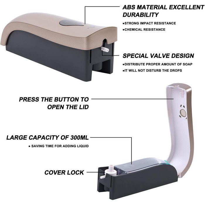 Настінний диспенсер для мила без свердління, 300 мл, ручний дозатор для гелю для душу/шампуню/дезінфікуючого засобу, дозатор для миючого засобу для душу, чорний/білий/золотий (шампань)