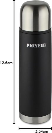 Pioneer Stainless Steel Insulated Flask with Button Lid & Drinking Cup - 1.0L Double-Walled Vacuum Insulation - Keeps Hot for 8 Hours, Cold for 24 Hours - Leakproof, BPA-Free - Black, 1000ml