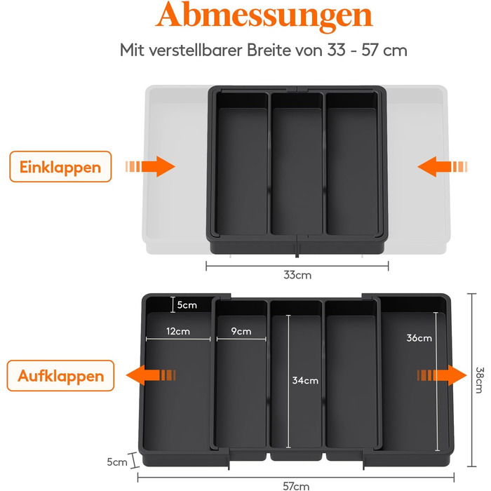 Органайзер для столових приборів Lifewit в шухляду, розширюваний 33-57 см, чорний, пластик, 38х5х38 см