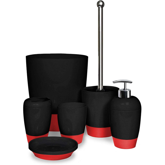 Набір аксесуарів для ванної кімнати HOUSIO, 6 предметів, чорно-червоний (тримач для зубних щіток, миска для мила, дозатор для лосьйону, стакан, WC-щітка, сміттєве відро)